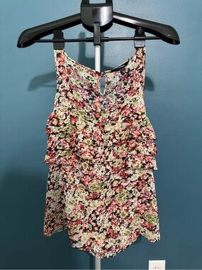 Express Floral Tiered Ruffle Camisole - Pink, Green & Black, Gold Shimmer